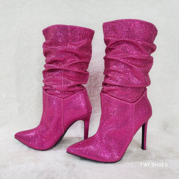 Radiant Fuchsia Pink Rhinestone High Heel Slouch Mid Calf Pull On Boots - Picture 6 of 8